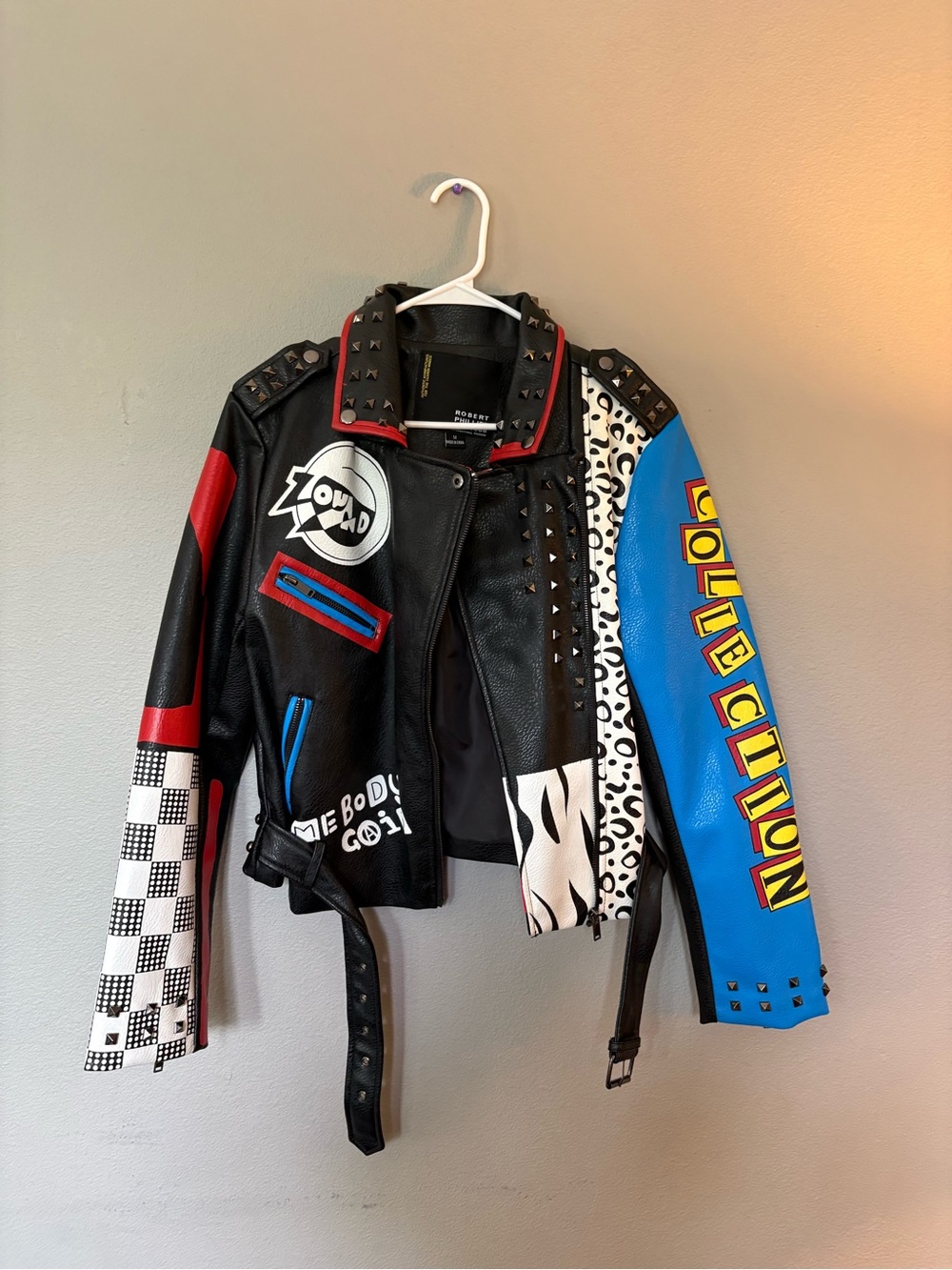 Graphic Patchwork Faux Leather Moto Jacket - Multicolor